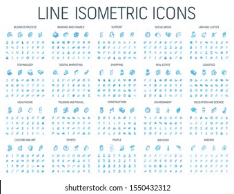 Vector Illustration Of Isometric Line Icons For Business, Bank, Social Media Market, Logistics, Internet Technology, Shop, Education, Sport, Healthcare, Art And Construction. Blue 3d Web Symbols Set.