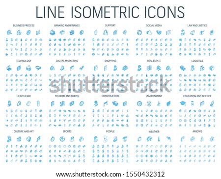 Vector illustration of isometric line icons for business, bank, social media market, logistics, internet technology, shop, education, sport, healthcare, art and construction. Blue 3d web symbols set.