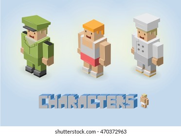 vector illustration isometric male characters, professions, military, chef, cook