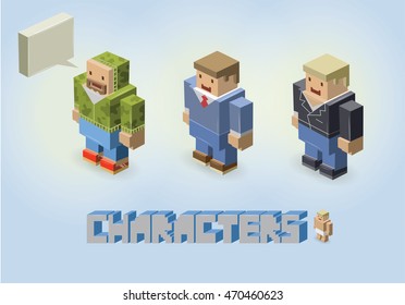vector illustration isometric male characters, professions, artist, military, worker 