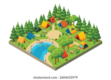 A vector illustration of Isometric Map of a Camping Campground