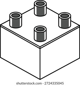 Ilustración vectorial del icono de bloque mecánico isométrico con agujeros cilíndricos, forma de ingeniería, dibujo técnico y diseño de componentes 3D