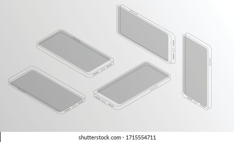 Vector illustration of isometric minimal looking smartphone drawing front different angles and positions