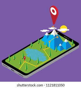 Vector illustration of Isometric mobile landscape route infographics