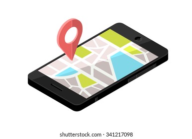 A vector illustration of an isometric mobile phone with a map location.
Isometric Icon illustration a smart phone with an urban map.
Mobile device technology giving directions.