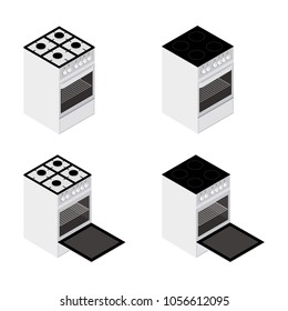 Ilustración vectorial isométrica moderna abierta y cerrada serie de estufas eléctricas y de gas, colección. Aparato de cocina