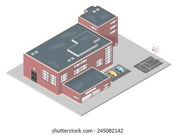 A vector illustration of an isometric modern school building. Isometric modern school building with basketball court. Isometric high school building. 