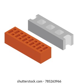 Vector illustration isometric new red perforated ceramic brick and cement block isolated on white