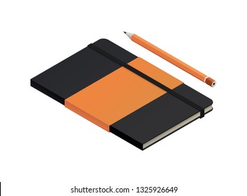 Vector illustration isometric notepad and pencil isolated on white background