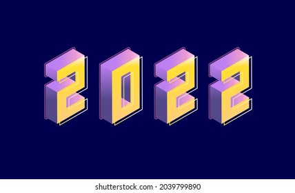 Vector illustration with isometric number 2022 in yellow and purple colours. 3D digits in vintage style on the dark background. Year 2022. Template for postcard, Festive poster and web banner.