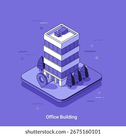 Ilustración vectorial con edificio de oficinas isométrico con árboles y pin de ubicación. Arquitectura con concepto de metáfora de negocios de línea delgada. Moderno desarrollo de la ciudad.