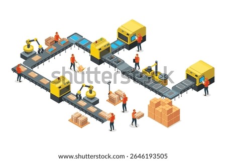 A vector illustration of Isometric Packaging Shipping Order Fulfillment Center 