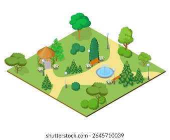 Vector illustration of isometric park. Summer park with fountain, gazebo, benches and different types of trees and bushes
