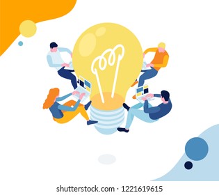 vector illustration. isometric people flying in the air work and communicate on the idea of a startup. teamwork on a project network. creative design concept big light bulb with little people with lap