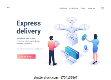 Vector illustration of isometric people sending and receiving goods with drone while using convenient express delivery service near link and description on website banner
