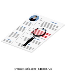 Vector illustration isometric perspective 3d cv or resume design template with man photo. Curriculum vitae icon.  Concept of human resources management, professional staff research, head hunter job.