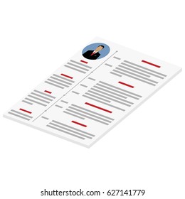 Vector illustration isometric perspective 3d cv or resume design template with man photo. Curriculum vitae icon.