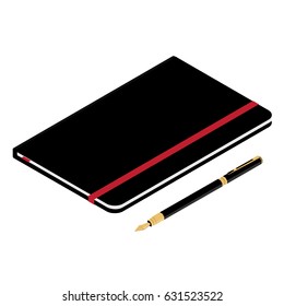 Vector illustration isometric perspective 3d black leather notebook and fountain pen isolated on white background.