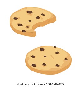 Vector illustration isometric perspective bitten chocolate chip cookie. Freshly baked choco cookie icon set