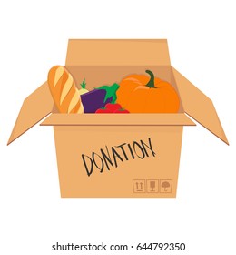 Vector illustration isometric perspective donation box with food icon. Bread, tomato, pumpkin, eggplant and onion