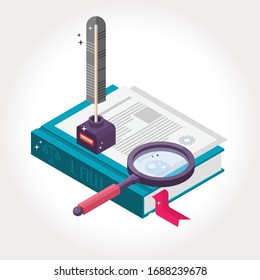 Ilustración vectorial libros de ley de perspectiva isométrica y contrato con pluma estilográfica.