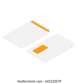 Vector illustration isometric perspective realistic envelope with transparent window, front and back view. Blank mockups