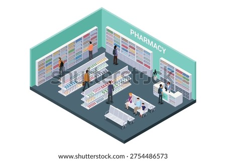 A vector illustration of Isometric Pharmacy Interior