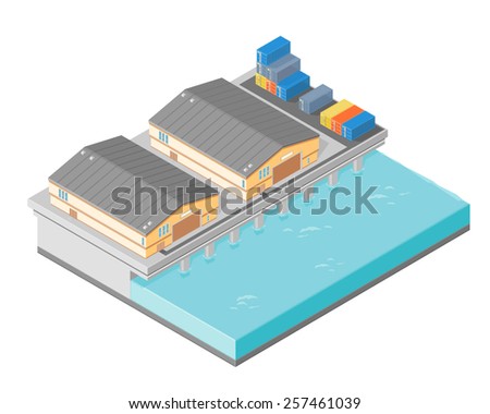 A vector illustration of an isometric pier with storage containers. Isometric pier. Wharf with warehouses and containers.
