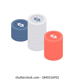 Vector illustration of isometric piles of colorful coins with dollar signs placed on white background and showing concept of investments