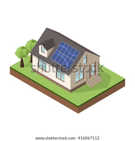 Vector illustration of isometric private cottage or house with solar roof panels for real estate brochures or web icon.