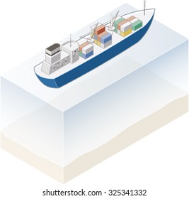 Vector illustration of isometric projection drawing of cargo ship