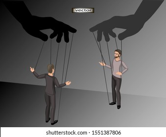 Vector illustration of isometric projection man manipulating people hands puppets personnel management