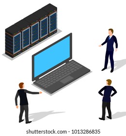 Vector illustration of isometric rack servers. Server equipment isolated background. Data center room. 