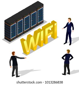 Vector illustration of isometric rack servers. Server equipment isolated background. Data center room. 