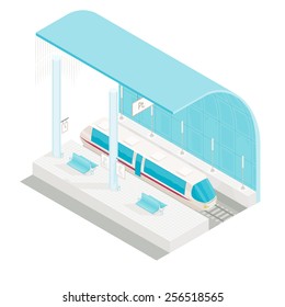 Vector Illustration Of Isometric Railway Station With Train 