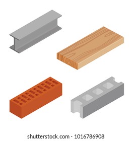 Vector illustration isometric realistic rasped wooden timber plank for building construction or floring. Construction steel beam for architectural works. Cement block and brown bricks
