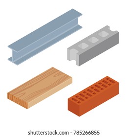 Vector illustration isometric realistic rasped wooden timber plank for building construction or floring. Construction steel beam for architectural works. Cement block and brown bricks