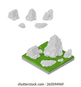 A vector illustration of isometric rocks on land and isolated.
Isometric Rocks.
Large stones on grass land.