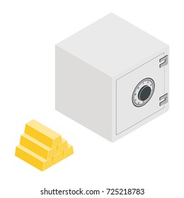 Vector illustration isometric safe and gold bar icon isolated on white background. Finance set, collection 