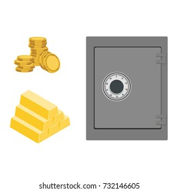 Vector illustration isometric safe and gold bar icon isolated on white background. Finance set, collection 