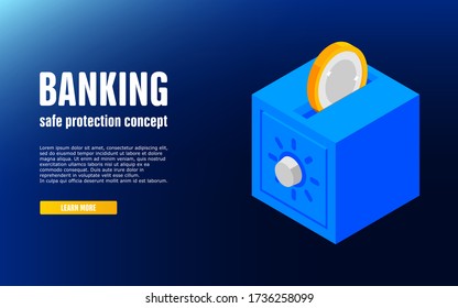 A Vector Illustration Of An Isometric Safe Icon. Money Being Put Into A Safe. Finance, Protection And Savings Concept. Digital Banking Online, Isometric Icon Of Falling Coin, Electronic Internet Purse