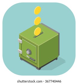 A Vector Illustration Of An Isometric Safe Icon.
Money Being Put Into A Safe.
Finance, Protection And Savings Concept.