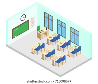 Vector illustration of isometric school class room. Includes table, chairs, books, blackboard in cartoon flat style.