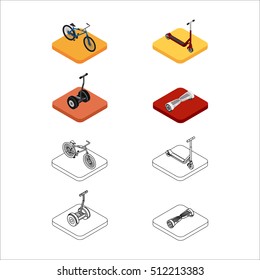Vector illustration. Isometric set of colorful and outline icons of extreme sports transport. bicycle, scooter, gyroscooter, electric scooter. 3D.