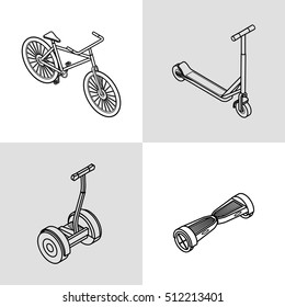 Vector illustration. Isometric set of outline icons of extreme sports transport. bicycle, scooter, gyroscooter, electric scooter. 3D
