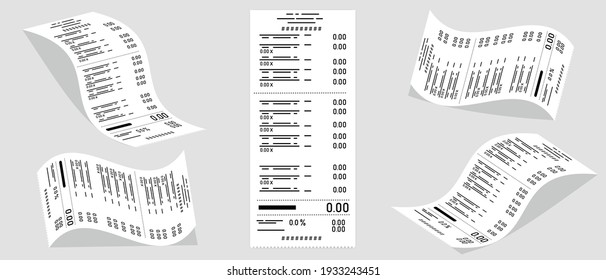 Isometric, ilustración vectorial en Isometric. Conjunto de papel financiero, cheques de cajero, factura. Recepción de pago por servicios, compras. Negocios, comercio electrónico. Eps 10
