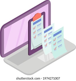 Vector illustration with isometric shapes depicting a laptop downloading documents, information and data and sharing it back with business friends. in shades of purple and gray.