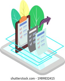 Vector illustration with isometric shapes depicting a gadget or smart phone sending or sharing data, information and documents to recipients for business purposes in shades of green and blue.