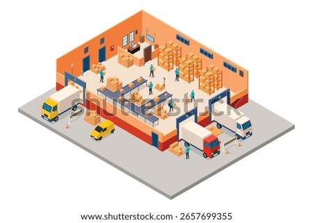 A vector illustration of Isometric of Shipping and Distribution Center