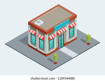 Vector illustration of Isometric Shop building. Concept Shopping. 3D design elements for construction of urban and village landscapes.